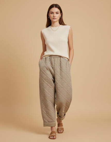 Pantalon Baggy Matelassé Beige Ample Coton Chaud - Molleton