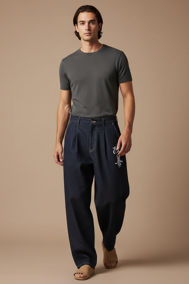 Pantalon Baggy Jean Denim Brodé Ample Plissé - Marine