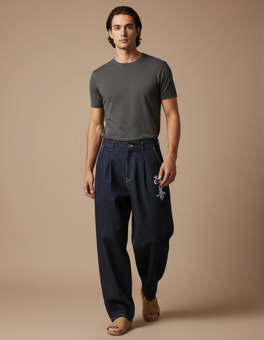 Pantalon Baggy Jean Denim Brodé Ample Plissé - Marine