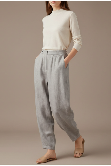 Pantalon Baggy Gris Clair Laine Fluide Confortable Femme