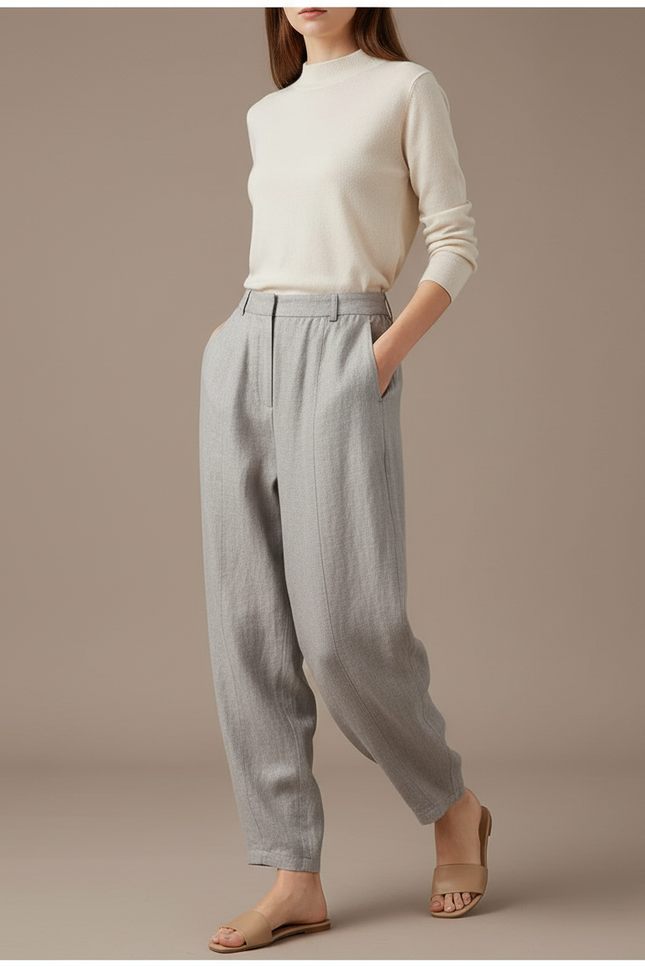 Pantalon Baggy Gris Clair Laine Fluide Confortable Femme