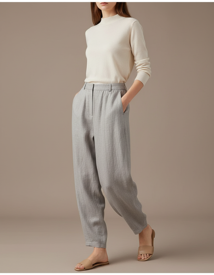 Pantalon Baggy Gris Clair Laine Fluide Confortable Femme