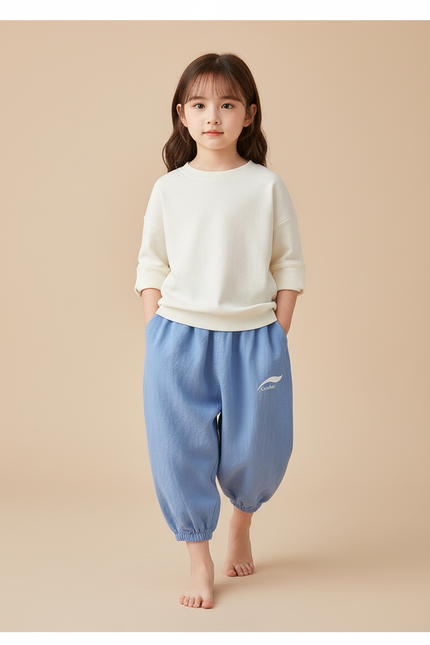 Pantalon Baggy Bleu Ciel Coton Ample Enfant Décontracté - Lin