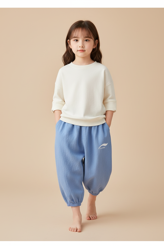 Pantalon Baggy Bleu Ciel Coton Ample Enfant Décontracté - Lin