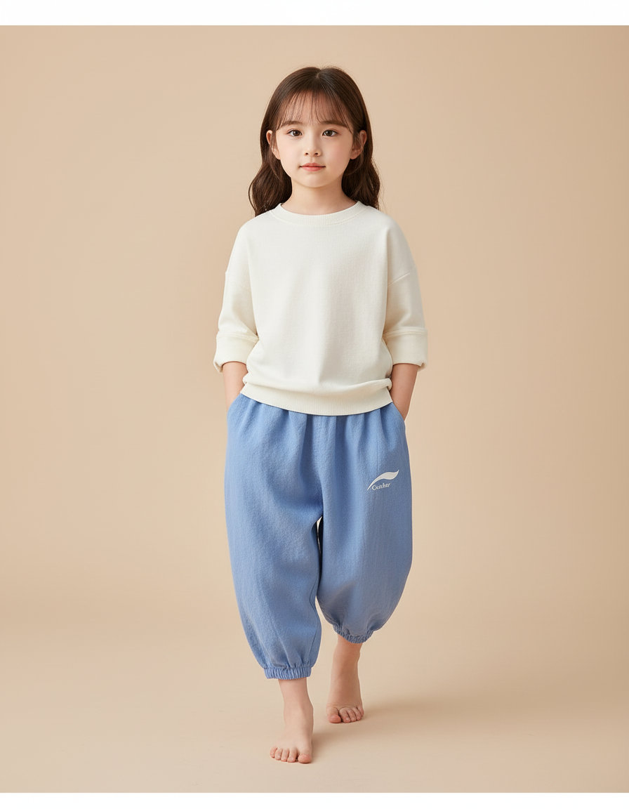 Pantalon Baggy Bleu Ciel Coton Ample Enfant Décontracté - Lin