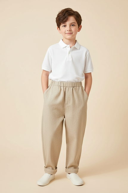Pantalon Baggy Beige Ample Coton Élastique Enfant Décontracté