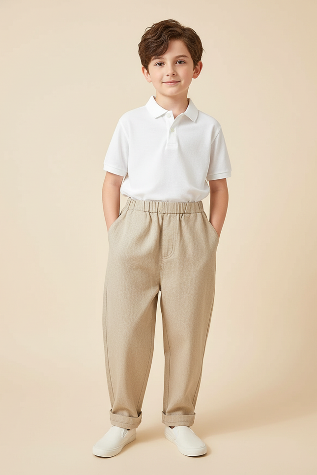 Pantalon Baggy Beige Ample Coton Élastique Enfant Décontracté