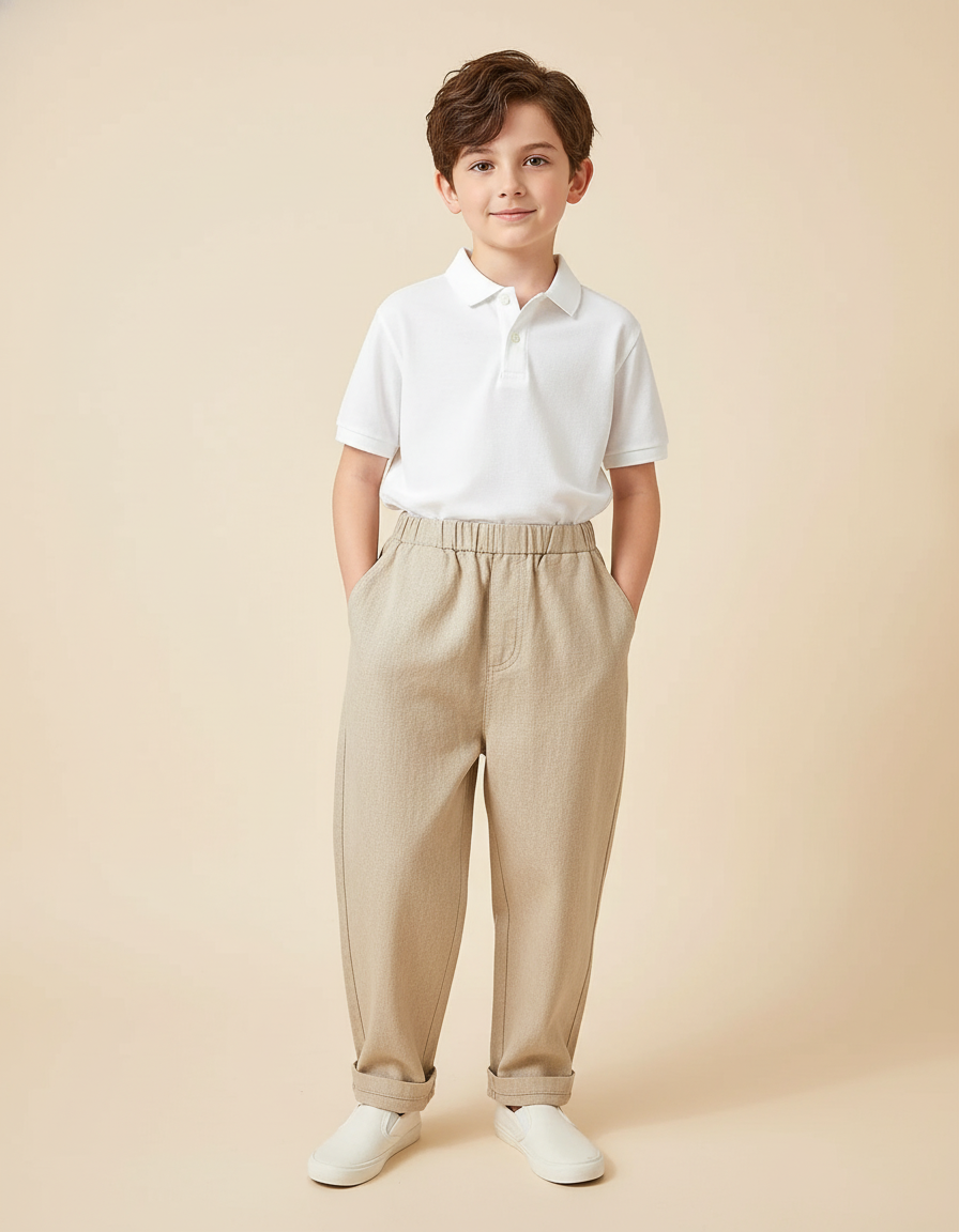 Pantalon Baggy Beige Ample Coton Élastique Enfant Décontracté