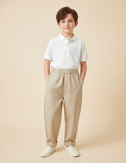 Pantalon Baggy Beige Ample Coton Élastique Enfant Décontracté
