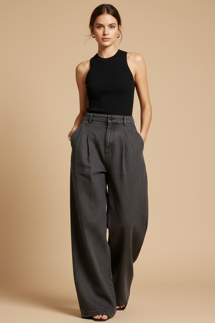 Pantalon Baggy Gris Délavé Ample Denim Plissé Femme - Jean