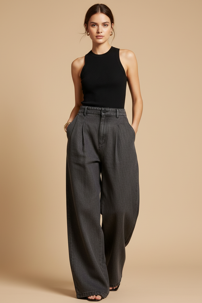 Pantalon Baggy Gris Délavé Ample Denim Plissé Femme - Jean