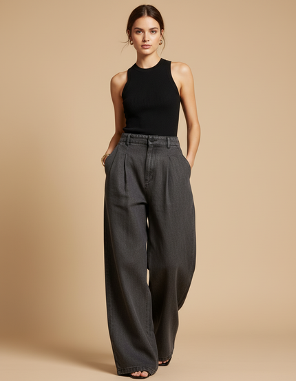 Pantalon Baggy Gris Délavé Ample Denim Plissé Femme - Jean