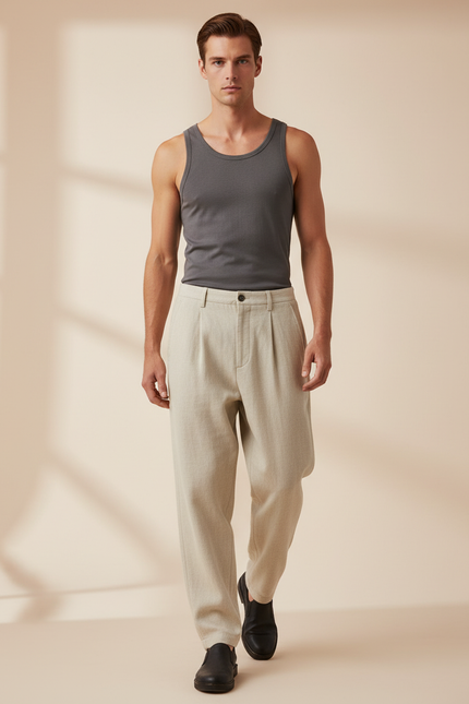 Pantalon Baggy Beige Plissé Ample Décontracté Homme - Tweed