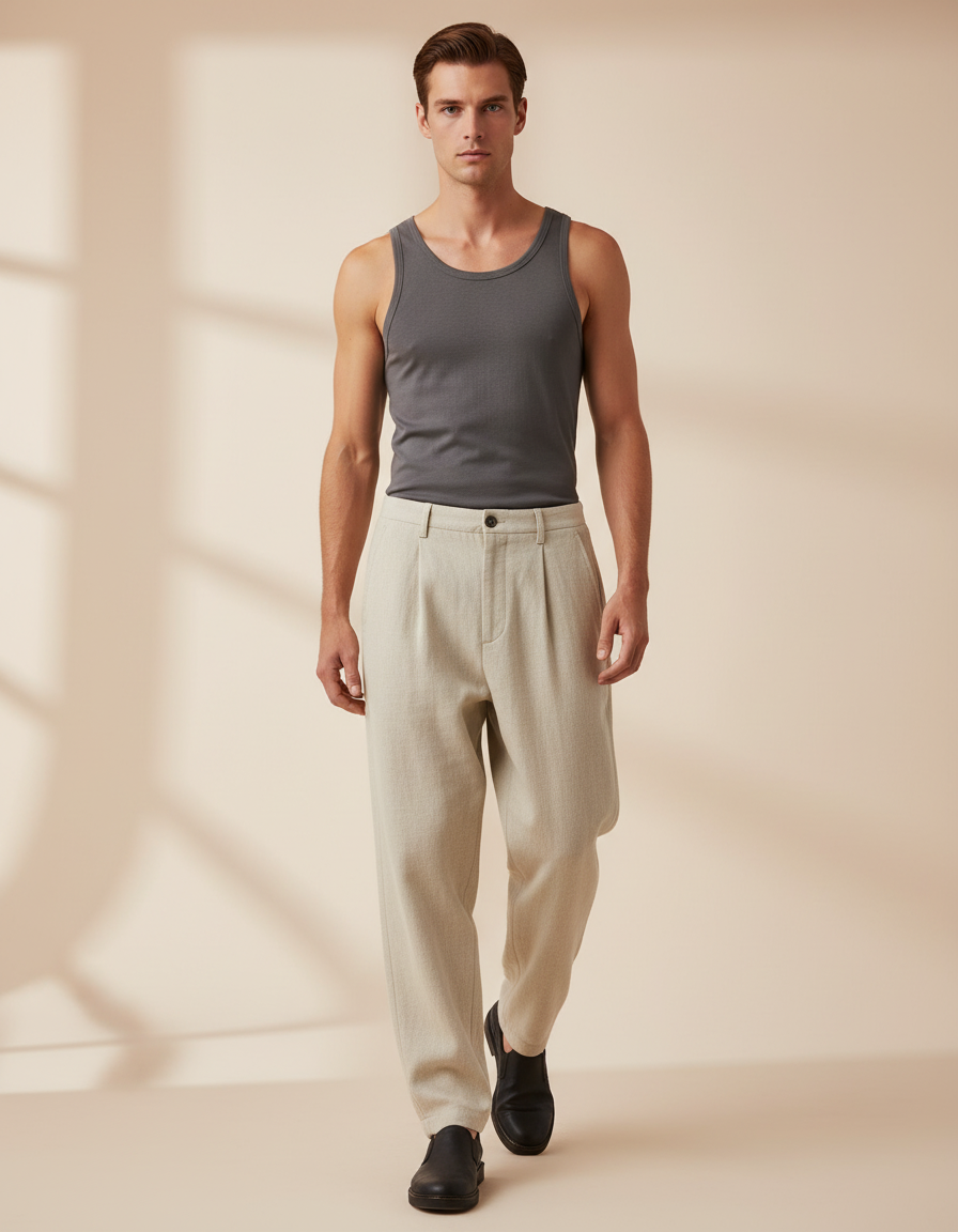 Pantalon Baggy Beige Plissé Ample Décontracté Homme - Tweed