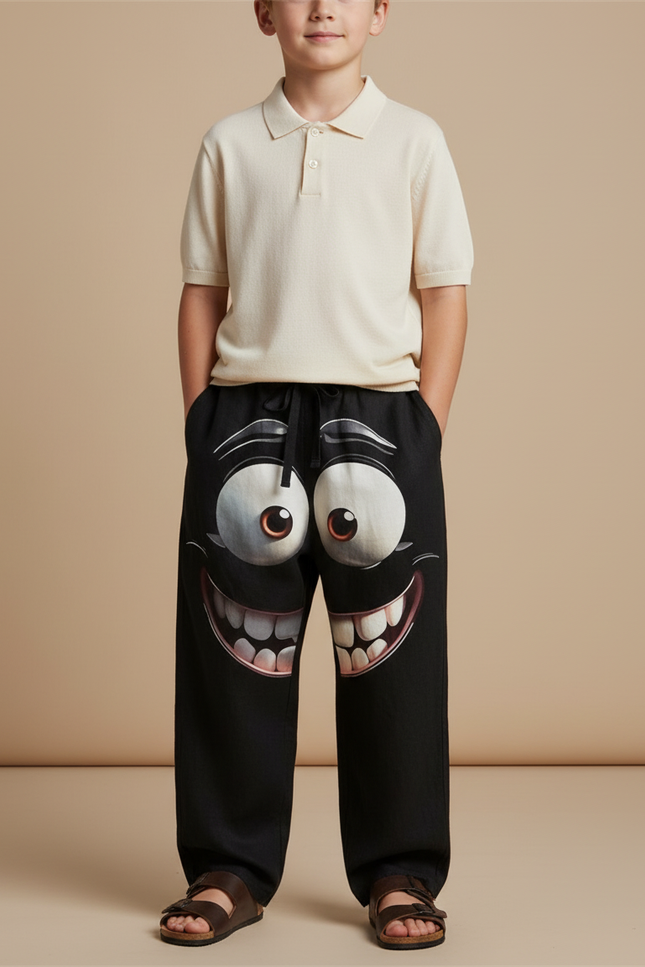 Pantalon Baggy Noir Ample Imprimé Visage Décontracté Enfant - Molleton