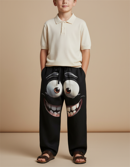 Pantalon Baggy Noir Ample Imprimé Visage Décontracté Enfant - Molleton