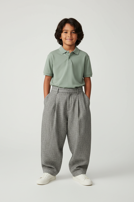 Pantalon Baggy Gris Ample Texturé Plissé Enfant - Tweed