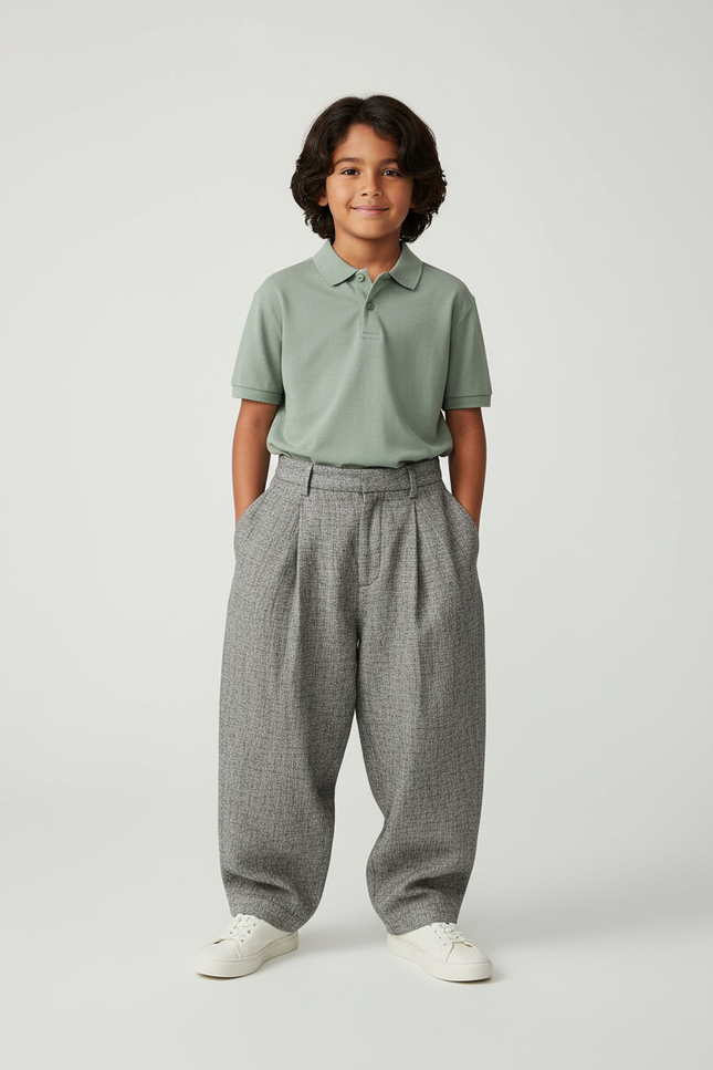 Pantalon Baggy Gris Ample Texturé Plissé Enfant - Tweed