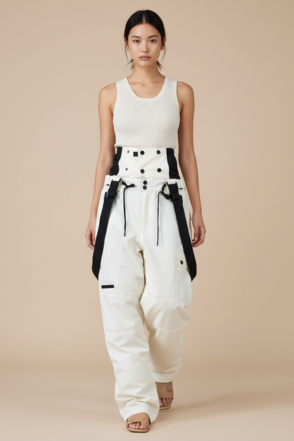 Pantalon Baggy Blanc Noir Ski Bretelles Décontracté - Polyester