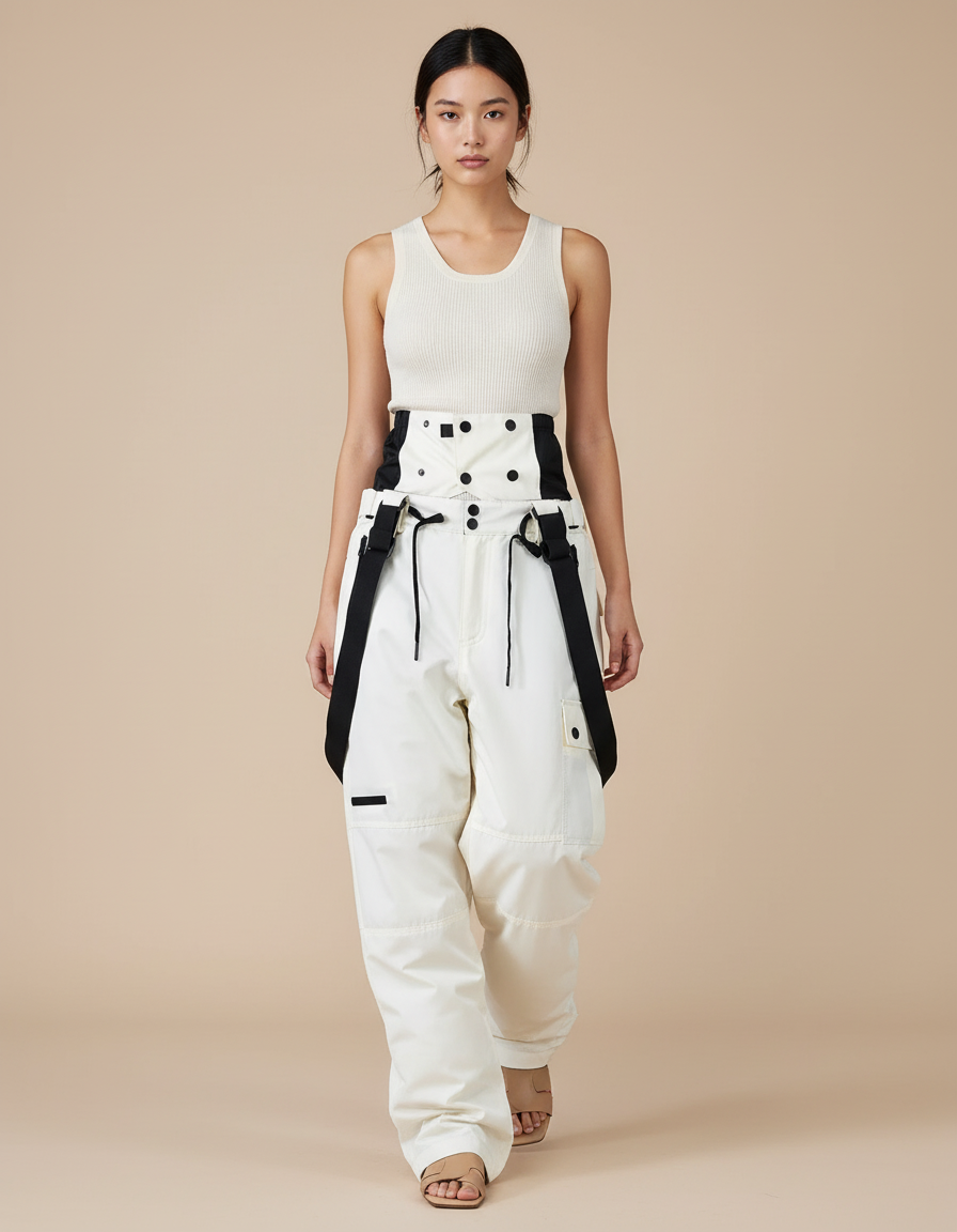 Pantalon Baggy Blanc Noir Ski Bretelles Décontracté - Polyester