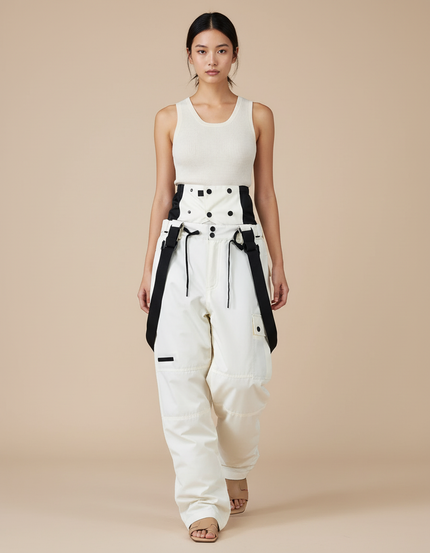 Pantalon Baggy Blanc Noir Ski Bretelles Décontracté - Polyester