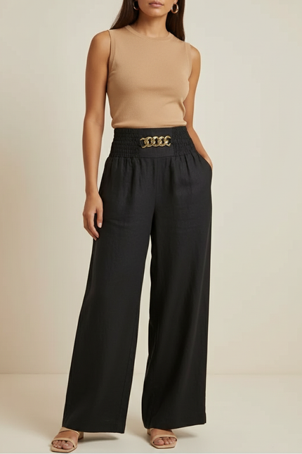Pantalon Baggy Noir Lin Chaîne Taille Haute Fluide