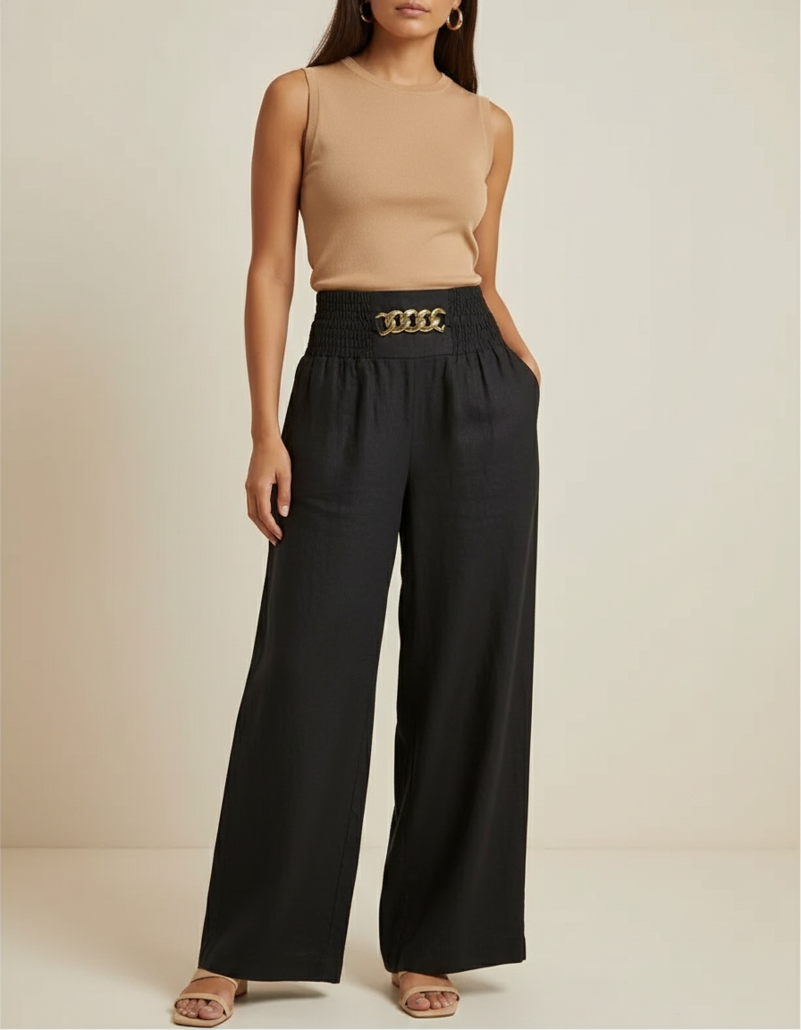 Pantalon Baggy Noir Lin Chaîne Taille Haute Fluide
