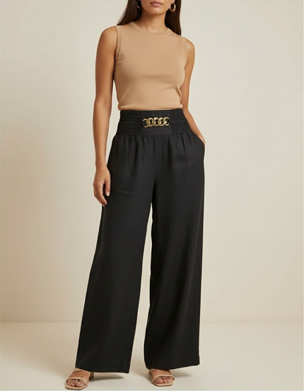 Pantalon Baggy Noir Lin Chaîne Taille Haute Fluide