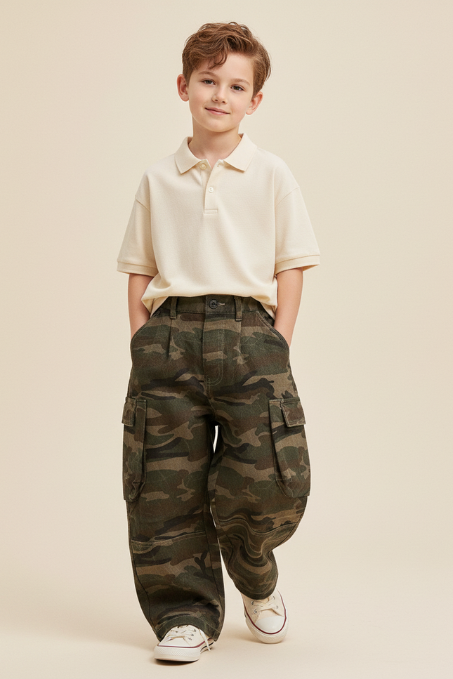 Pantalon Baggy Camouflage Cargo Ample Garçon Décontracté - Kaki Toile