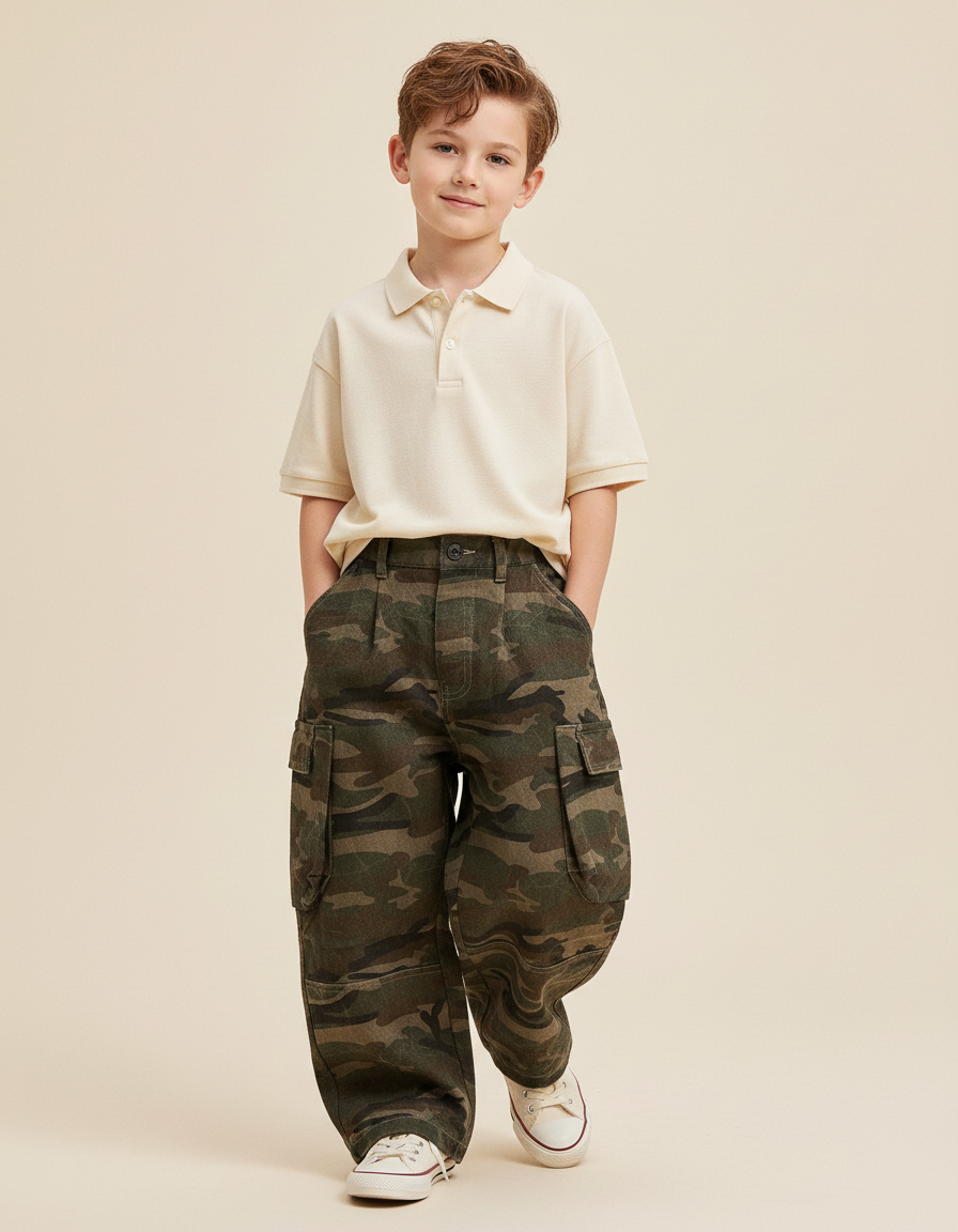 Pantalon Baggy Camouflage Cargo Ample Garçon Décontracté - Kaki Toile