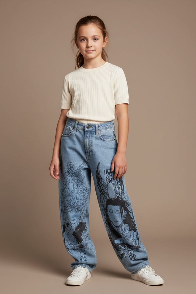Pantalon Baggy Jean Clair Ample Imprimé Manga Unisexe Décontracté - Bleu