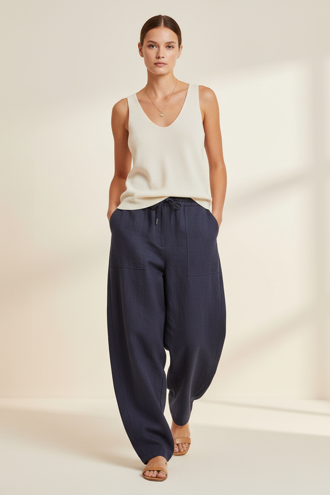 Pantalon Baggy Bleu Marine Ample Lin Décontracté Femme