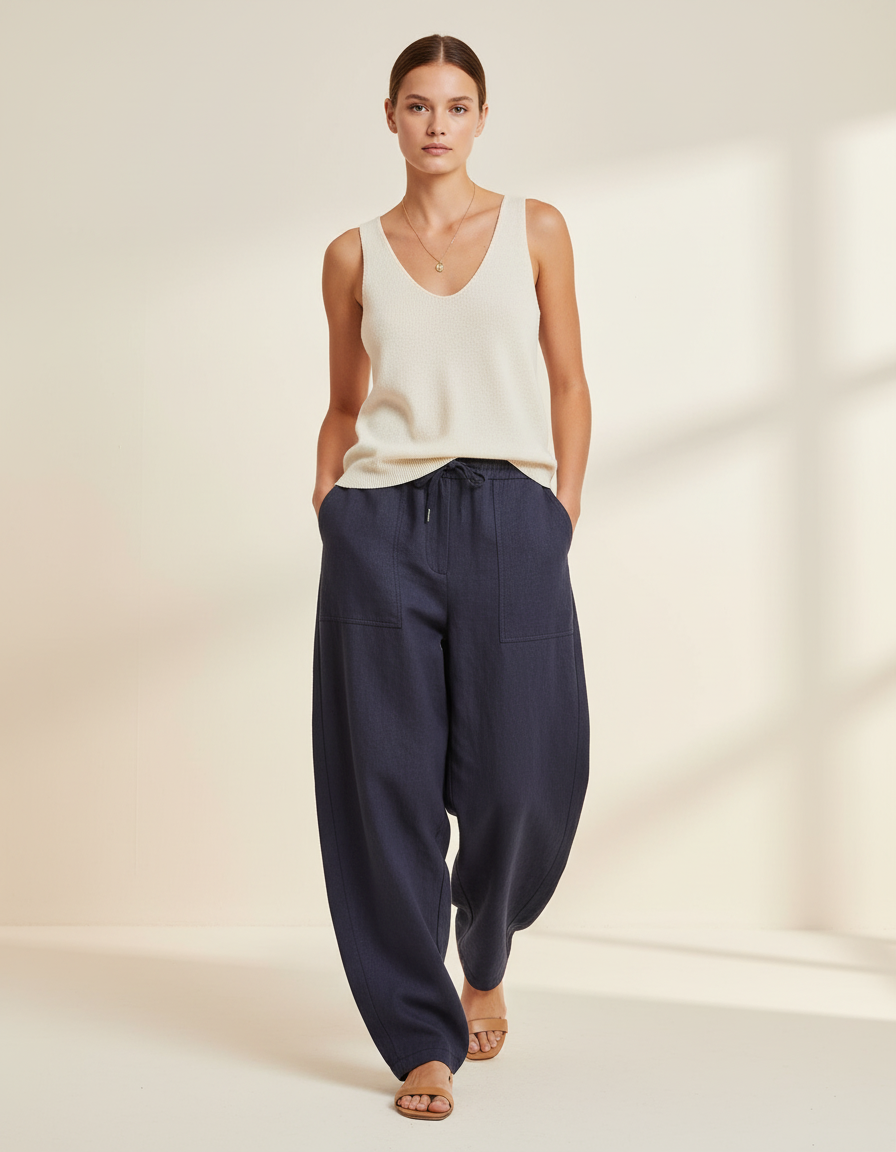 Pantalon Baggy Bleu Marine Ample Lin Décontracté Femme