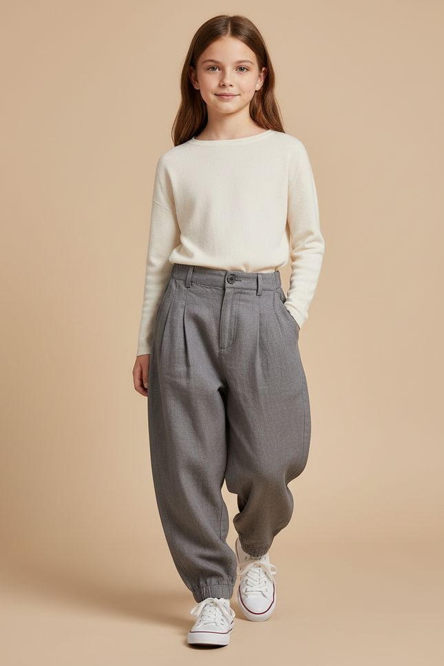 Pantalon Baggy Gris Plissé Ample Confortable Enfant - Laine