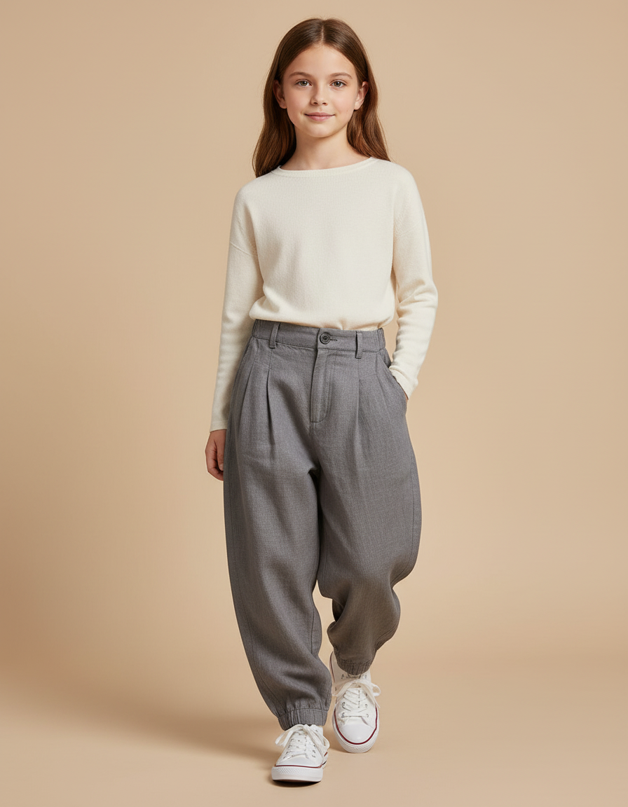 Pantalon Baggy Gris Plissé Ample Confortable Enfant - Laine