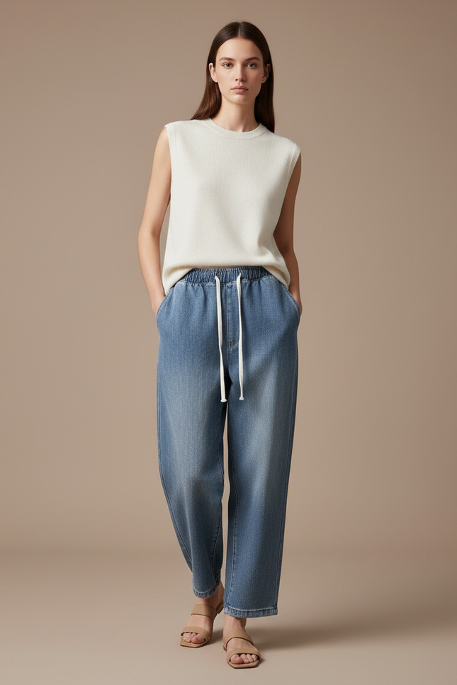 Pantalon Baggy Jean Bleu Ample Cordon Décontracté