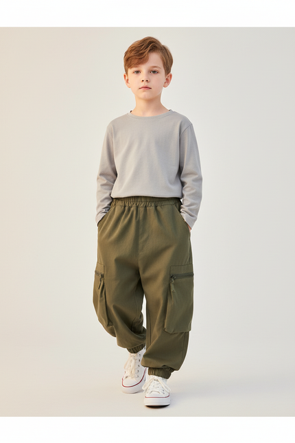 Pantalon Baggy Vert Kaki Cargo Ample Garçon Décontracté - Toile