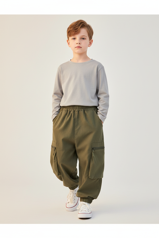 Pantalon Baggy Vert Kaki Cargo Ample Garçon Décontracté - Toile