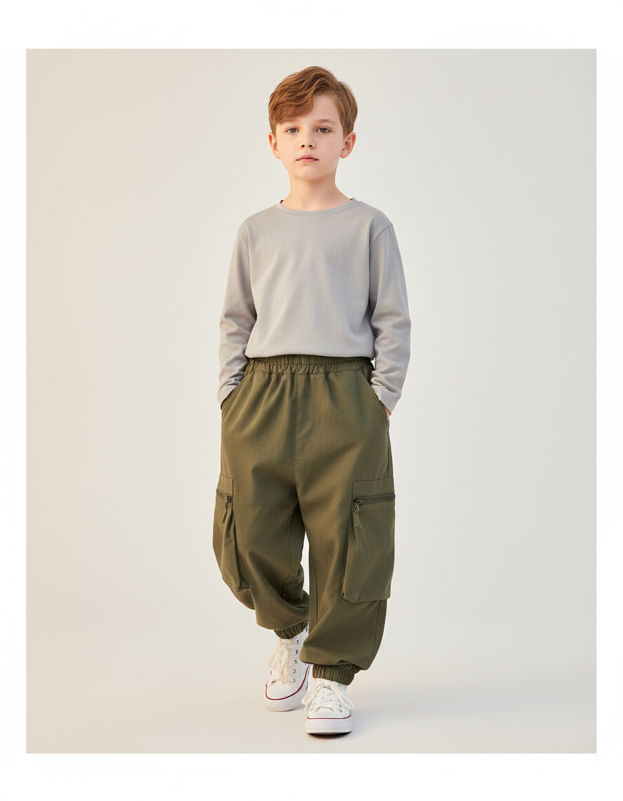Pantalon Baggy Vert Kaki Cargo Ample Garçon Décontracté - Toile