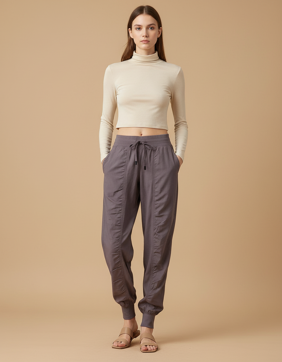 Pantalon Baggy Gris Cordon Fluide Sport Femme - Viscose