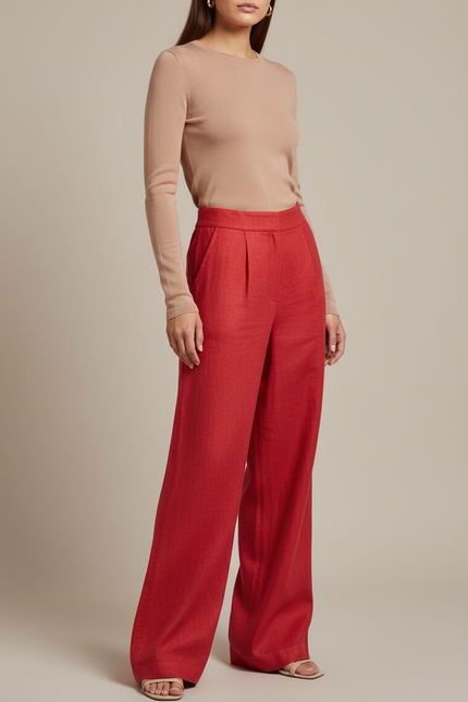 Pantalon Baggy Rouge Lin Taille Haute Plissé Fluide