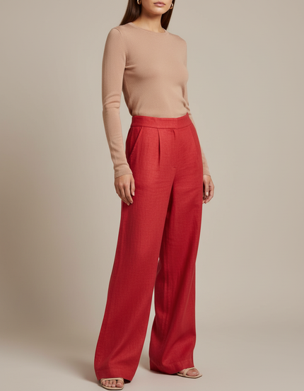 Pantalon Baggy Rouge Lin Taille Haute Plissé Fluide