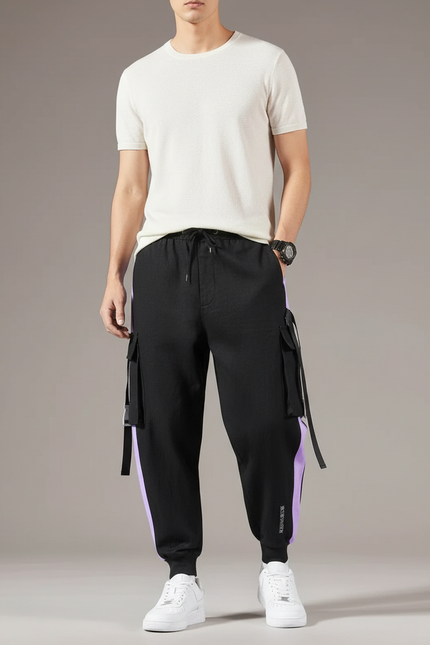 Pantalon Baggy Noir Cargo Bandes Violettes Décontracté Homme - Molleton