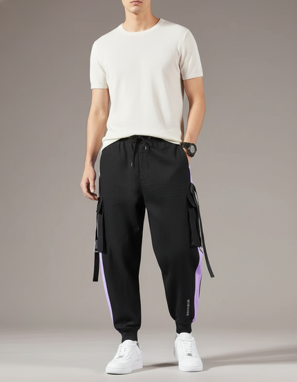 Pantalon Baggy Noir Cargo Bandes Violettes Décontracté Homme - Molleton