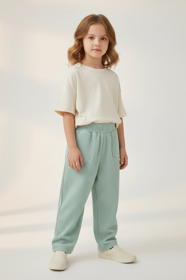 Pantalon Baggy Vert Menthe Côtelé Ample Enfant - Maille