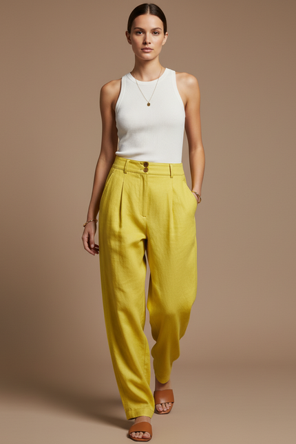 Pantalon Baggy Jaune Lin Ample Plissé Décontracté
