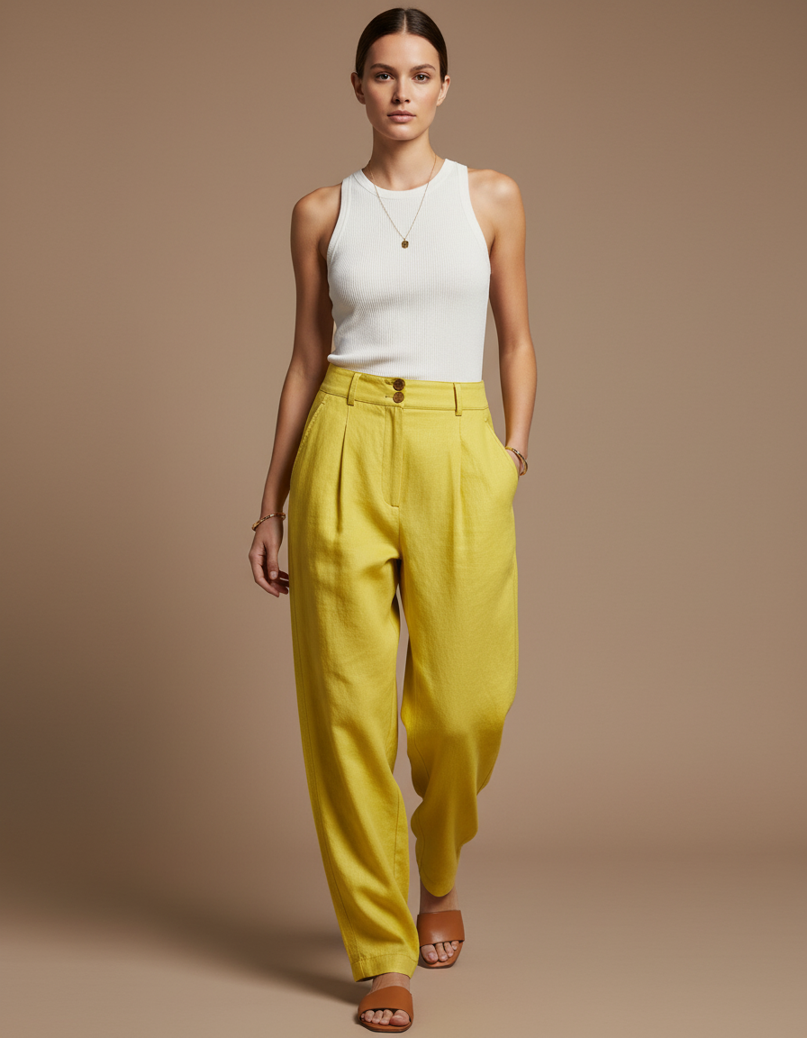 Pantalon Baggy Jaune Lin Ample Plissé Décontracté