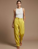 Pantalon Baggy Jaune Lin Ample Plissé Décontracté