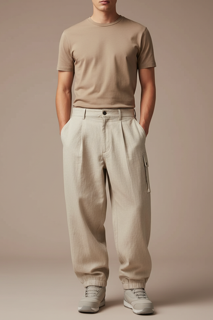 Pantalon Baggy Beige Plissé Ample Chevilles Élastiques Homme - Toile