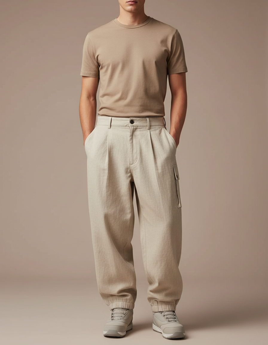 Pantalon Baggy Beige Plissé Ample Chevilles Élastiques Homme - Toile